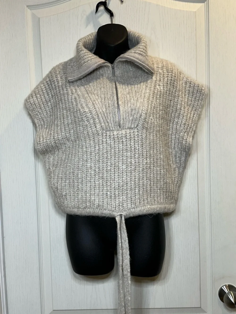 Zara Cream Ribbed Cropped Turtleneck Zip Sweater wool blend with tie waist - Picture 1 of 10
